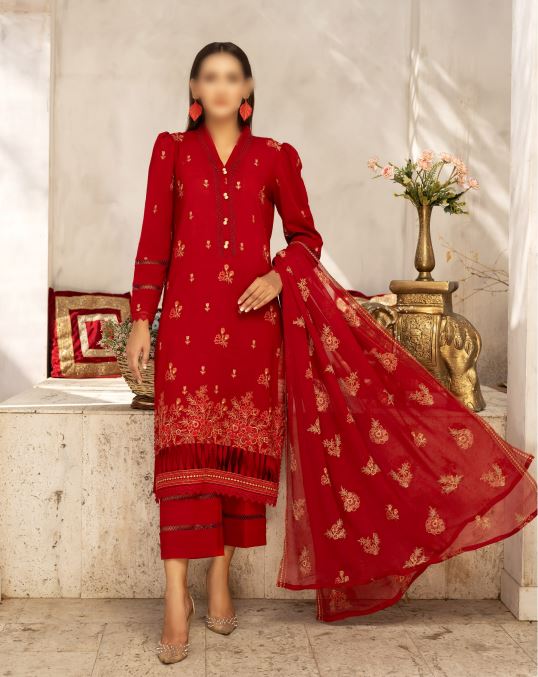 Slub Karandi embroidery suit with chiffon embroidered dupatta